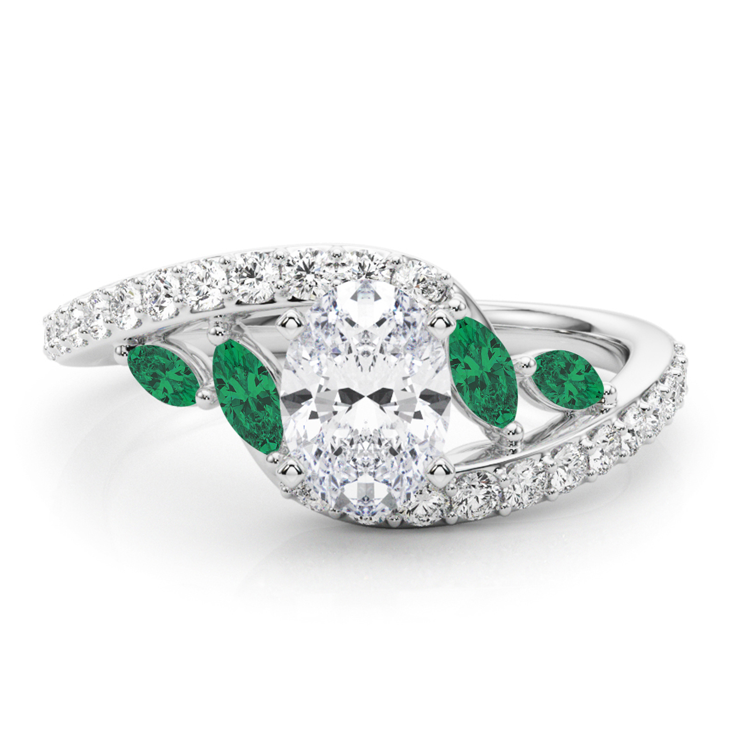 Swirl Design Lab Grown Diamond & Marquise Lab Emerald Engagement Ring 18K White Gold (0.63ct)